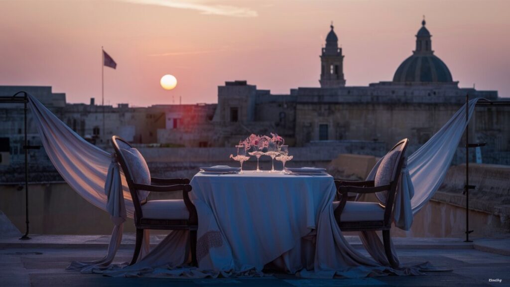 Beautiful sunset with dining table on Valletta rooftops