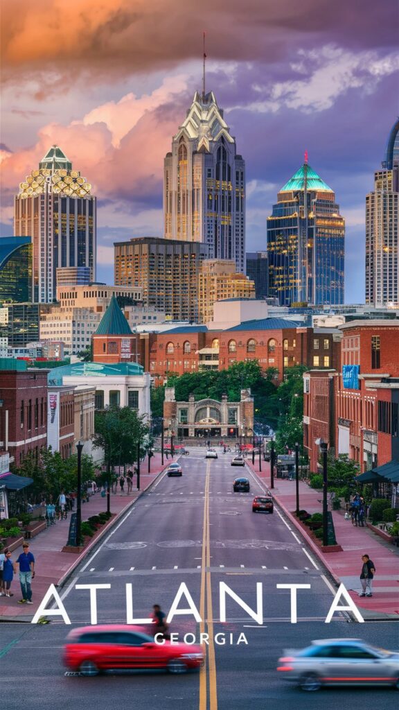 Skyline of Atlanta, Georgia at sunset with cars on a road in the foreground and tall buildings in the background.