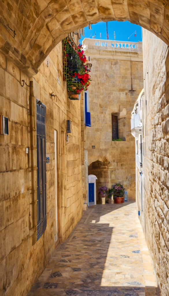 Historic Maltese side street, A narrow stone alleyway with a stone archway overhead, a closed wooden door, and a window with flowers in a pot.