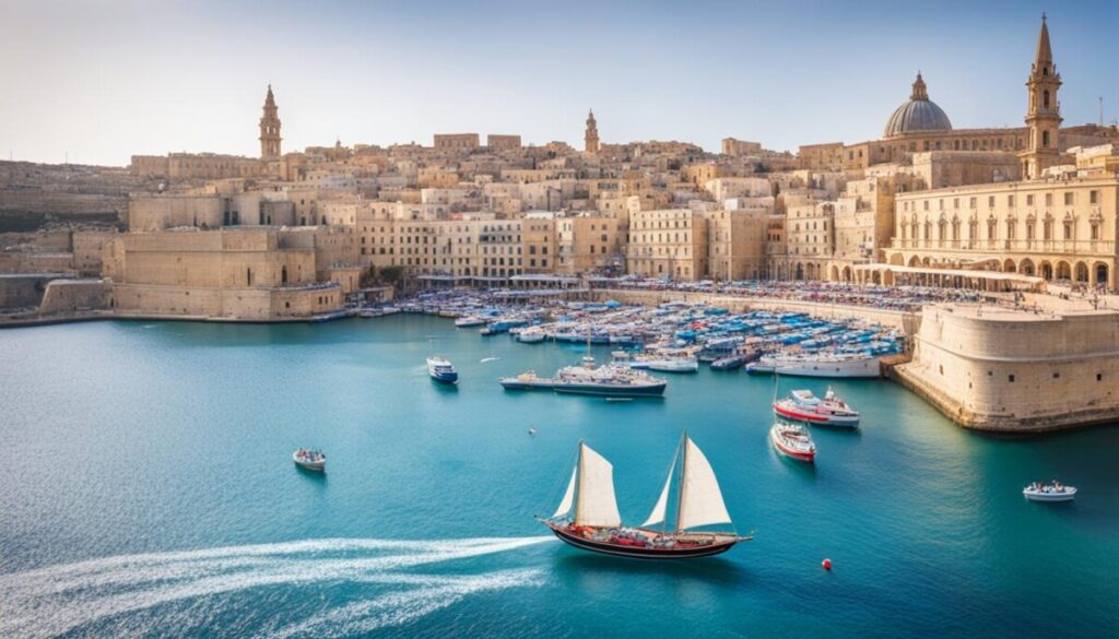 Traditional Maltese boats, known as dgħajsa, in Valletta's Grand Harbour